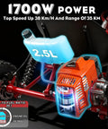 Close-up of Rugged 64cc Two Stroke Gas Go Kart engine with 2.5L fuel tank and hydraulic disc brake, highlighting power and design features.