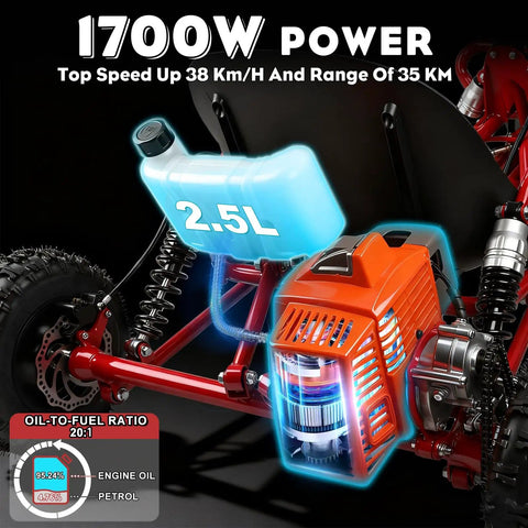 Close-up of Rugged 64cc Two Stroke Gas Go Kart engine with 2.5L fuel tank and hydraulic disc brake, highlighting power and design features.
