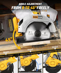 Heavy Duty Workhorse 7 Inch Brushless Cordless Circular Saw With Right Bevel Design And 8000 Rpm Spin adjusting to a 45-degree angle.