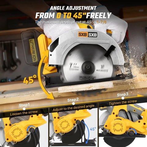 Heavy Duty Workhorse 7 Inch Brushless Cordless Circular Saw With Right Bevel Design And 8000 Rpm Spin adjusting to a 45-degree angle.