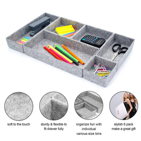 Deluxe Drawer Organizer Set For Home Office And Bathroom, gray felt 6-piece bins with office supplies, shown in use