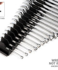 80 Tool Modular Wrench Organizer Set Black With 12 One Tab Modules And 24 Three Tab Modules Plus Label Sheet For Easy Garage And Shop Organization And Quick Access In The Home Or Pros Shop Made In USA displaying black modules and chrome wrenches.