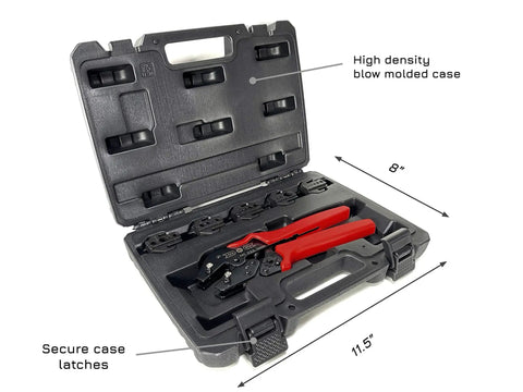 Ergonomic RF Coax Quick Change Crimp Tool Kit With 5 Interchangeable Die Sets In Durable Carrying Case, open view with tools.