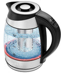 Glass 1.8L electric kettle with temperature control and removable infuser, 5 presets, LED indicators, BPA free stainless steel.