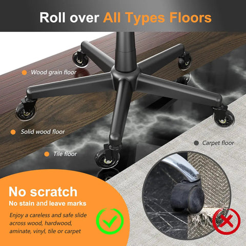 Top Shelf Replacement Office Chair Casters Built Exclusively For IKEA Seating Ten Millimeter Stem And Three Eighths Inch Mount Rubber Caster Wheels set showing compatibility with various floors.