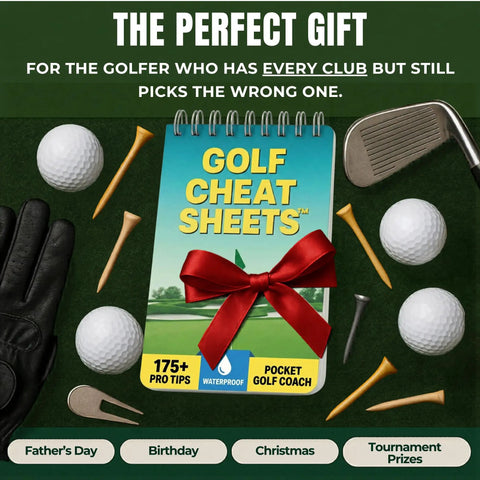 Golf Cheat Sheets Pocket Guide with red bow, surrounded by golf balls, tees, glove, and club on green background