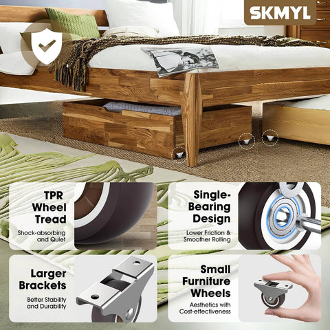 2 Inch Small Fixed Caster Wheels With Low Profile And Quiet Rolling For Furniture Drawers And Storage Bins Brown Set Of 4 Durable Thermoplastic Rubber Caster Wheels For Smooth Mobility And Easy Furniture Upgrades shown attached to wooden bed with storage.