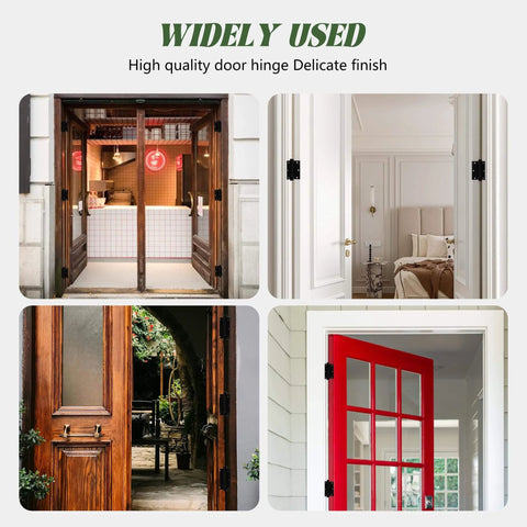 Two Pack Self Closing Door Hinges Three Point Five Inch Matte Black Spring Loaded Auto Close Hinges shown installed on various doors