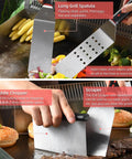 Close-up of 28 Piece Griddle Gear Kit For Blackstone Flat Top Grill Spatulas Scraper and Griddle Chopper in use on griddle