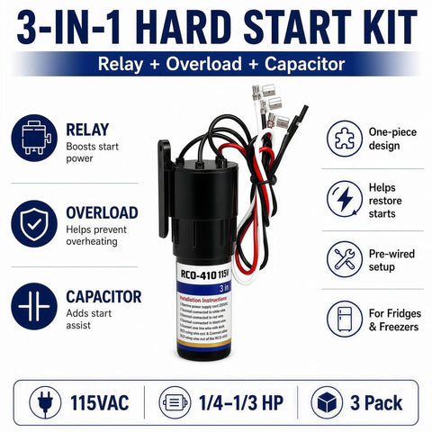 Universal 3 In 1 Compressor Hard Start Capacitor Kit For Refrigeration Systems 115 Vac 1/4 To 1/3 Hp shown with relay overload and capacitor features.