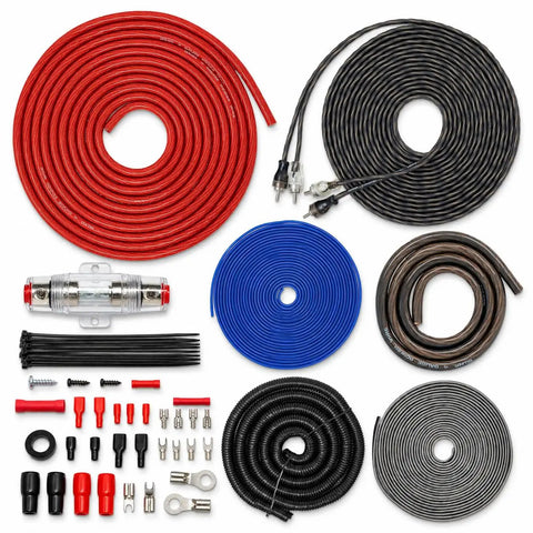 Heavy Duty 4 Gauge Amplifier Wiring Kit Paired With 2 Point 5 Farad Digital Capacitor showing red, black, blue wiring with connectors and fuse.