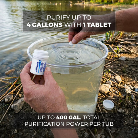 Person adding a Trailhead Ready Water Purification Tablet 397Mg to water in a container, purifying up to 4 gallons.
