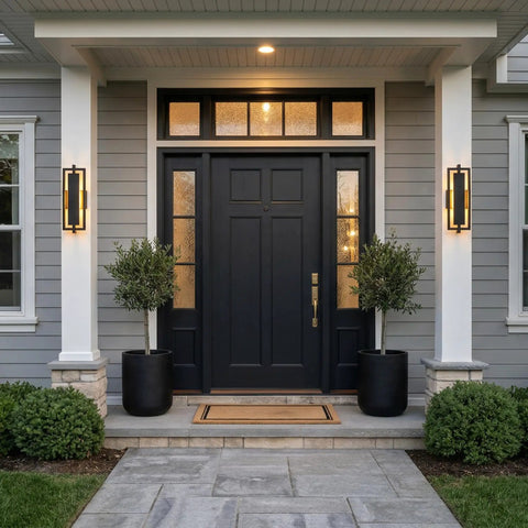 16 Inch Slick Matte Black Outdoor Wall Lantern With Integrated LED features sleek geometric design beside an elegant black front door.