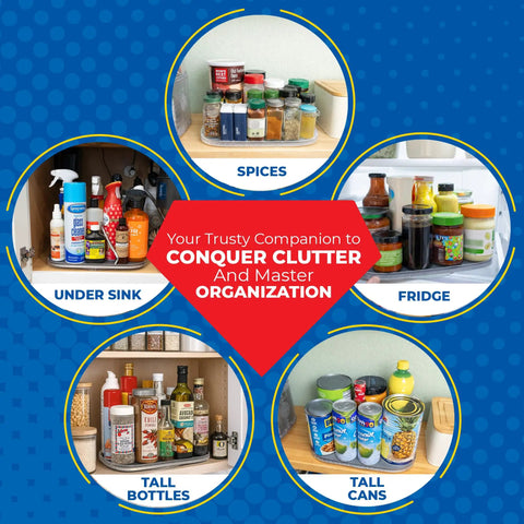 Beefy Steel Reinforced Lazy Susan Cabinet Organizer Turntable Glides Smooth Like Silk With Solid Magnetic Stop Holding Up To Thirty Pounds For Kitchen Pantry Jars displayed in kitchen scenarios with spices, tall bottles, and fridge items.