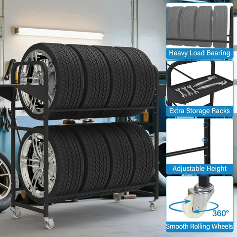 Ultimate Garage Game Changer Heavy Duty Tire Storage Rack with four tires, adjustable height, and extra storage shelves.