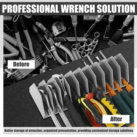 Before and after view of tool organization using Two Pack Wrench Organizer Tray Set For Tool Box Drawers, 10 slots shown.