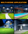 Badass 150W 5 Head Outdoor Flood Light With Built In Dusk To Dawn Sensor Super Bright Black Finish Weatherproof 15000 Lumen Plug And Hardwire illuminating various outdoor scenes at night.