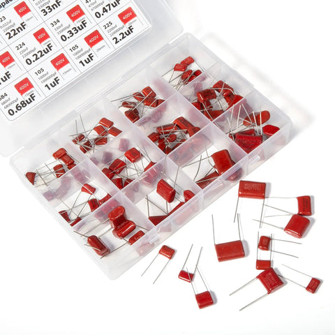 Premium Metalized Film Capacitor Assortment 415 Pieces Spanning 100 Volts 250 Volts 400 Volts Offers Top Tier Reliability For Your Favorite Weekend Warrior Build in organized storage boxes.