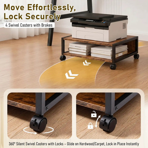 Straight Up Slick 2 Tier Printer Stand Under Desk With Easy Glide Wheels And Open Lower Shelf For A4 Paper Storage Brown Desktop Organizer with swivel casters.