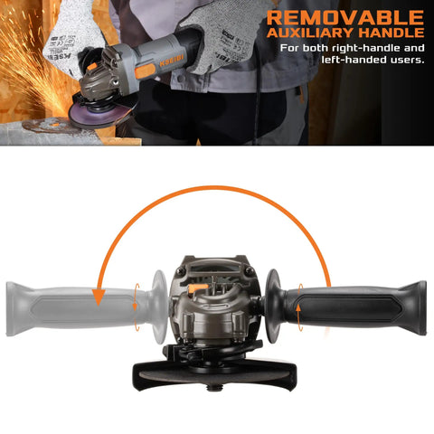 No Nonsense 4-1/2 Inch Angle Grinder 7 Amp 12000 Rpm featuring removable auxiliary handle for easy grip.