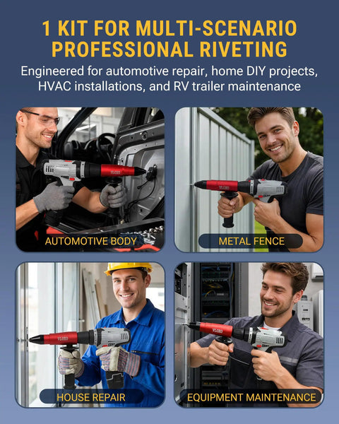 Top Shelf Rivet Gun Adapter Kit Turns Your Cordless Drill Into A Heavy Duty Power Riveter with users demonstrating use in diverse scenarios.
