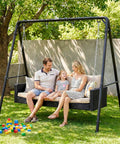 Family enjoying Beefed Up Heavy Duty Porch Swing Stand With Adjustable Height A Frame For Outdoor Patio Garden Deck Holds 440 Lbs