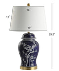 Traditional Ceramic Ginger Jar Table Lamp In White And Navy, Dope Chinoiserie Inspired Bedside Light, 29.5 Inch Tall