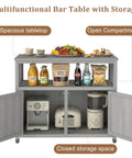 Wooden Patio Bar Table With Storage And Cedar Outdoor Buffet Cabinet Sideboard Serving Station With Double Layer Tabletop 42 Inch By 18 Inch For Patio Deck Backyard Indoor Use Durable Outdoor Bar Console For Entertaining showing spacious tabletop, open compartment, and closed storage space