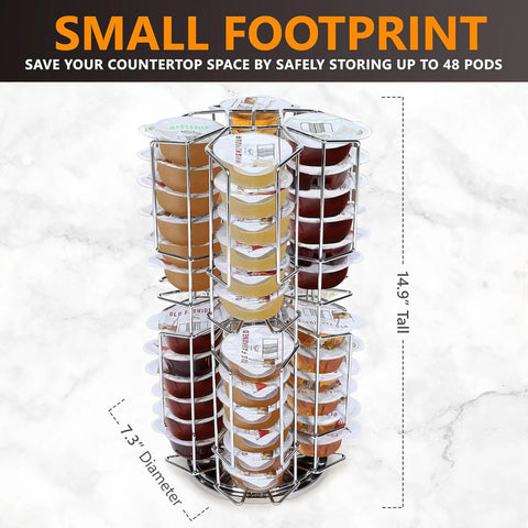 48 Pod Capsule Holder Carousel For Bartesian Cocktail Maker, 360 Degree Chrome Tower Stand, shown with dimensions