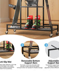 Floor Standing Ski And Snowboard Rack With 3 Tier Shelf Holds Boots Helmets And Packs Drill Free Mount No Sweat Setup, showing anti-slip mat and adjustable support bars.