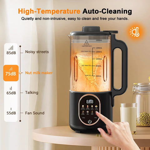 50 Oz Nut Milk Maker Machine Ten In One Automatic Plant Based Milk Maker with auto clean feature displayed on kitchen counter