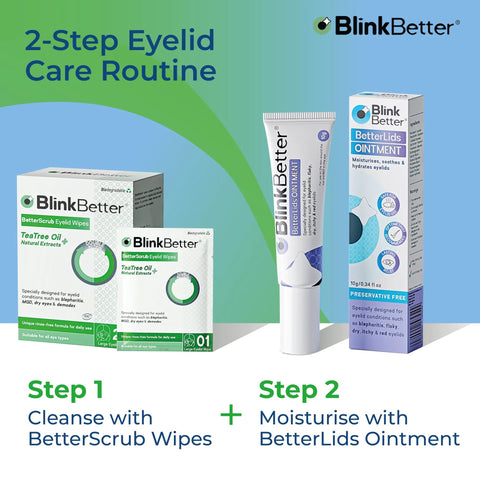 BlinkBetter Tea Tree Oil Eyelid Wipes 3-pack, front view with BetterLids Ointment tube and box