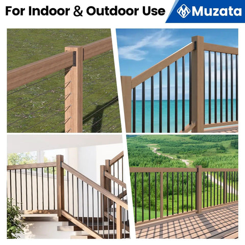 All In One Deck Railing Brackets Kit For 2x4 Wood Posts 1.5 In By 3.5 In Rails Includes 20 Brackets And 124 Screws Handrail Fence Cable Railing Stairs WT11, shown installed on outdoor and indoor staircases with wooden and metal railings.