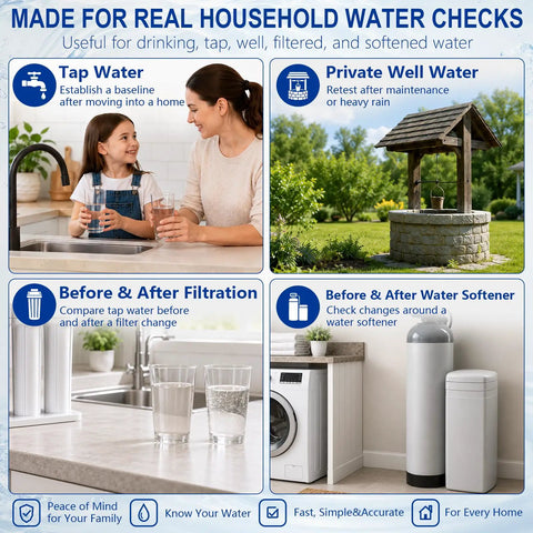 Image showcasing All In One 26 Parameter Water Test Kit With 158 Reagent Strips For Tap And Well Water Checking in home use.