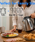 Stainless Steel Electric Kettle 1.8L With 1100W Rapid Boil, BPA Free Tea And Coffee Maker pouring hot water into a cup