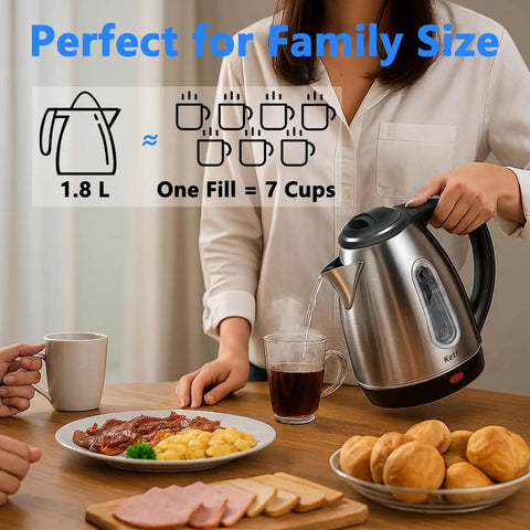 Stainless Steel Electric Kettle 1.8L With 1100W Rapid Boil, BPA Free Tea And Coffee Maker pouring hot water into a cup