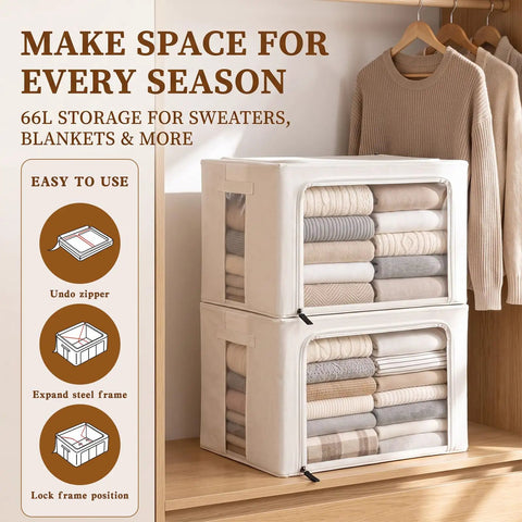 2 Pack Large Capacity Cotton Linen Storage Bags For Sweaters And Bulky Knits Breathable Garment Organizers on shelves with sweaters folded.