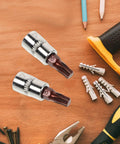 Heavy Duty Tamper Proof Hex Bit Sockets And Star Socket Set For Ratchet Wrenches on a wooden surface for repair tasks.