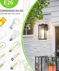 Dusk To Dawn Photocell Sensor Black Outdoor Wall Lantern With Clear Glass Shade on porch next to recommended bulbs chart