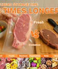 Pro Grade Precut Quart Vacuum Sealer Bags for Food, BPA Free 8 By 12 Inch demonstrating fresh vs. oxidation on steak