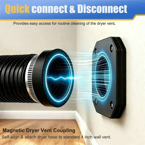 Magnetic Dryer Vent Connector Kit For Easy Clean Up And Quick Disconnect with blue glow illustrating magnetic coupling.
