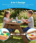 Children playing at a Kid Friendly Picnic Table With Umbrella And 3 In 1 Sand And Water Table For Toddlers in a garden setting.