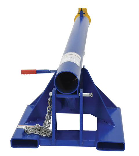 Heavy Duty Telescoping Forklift Boom Attachment With 6000 Lbs Load Capacity And 24 Inch Forks Built Tough From Welded Structural Steel For Zero Hassle Thirty Seven Degree Tilting, front view.