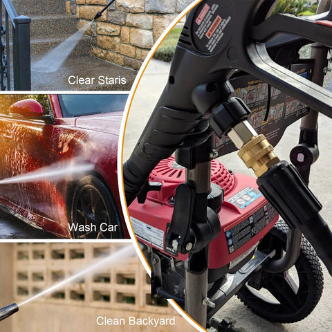 Twinkle Star pressure washer adapter set with M22 14mm swivel to 3/8in quick-connect, attached to a red portable washer.