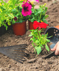 Nine Tines Metal Garden Hand Rake Set For Yard Lawn And Flower Beds Mini Cultivator Tools with plants and flowers on soil.