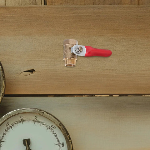 Heavy Duty Copper Ball Valve 6 Pack Built Tough NPT Thread Female To Male Connector with red handle on wood background