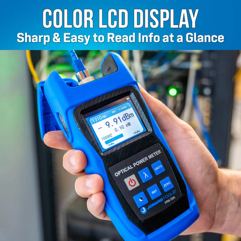 Professional Fiber Optic Power Meter Kit Boasts Slick Blue Build And Rock Solid Accuracy For Field Techs Seeking Dependable Minus 50 To Plus 26 Decibel Levels Without The Hassle During Any Site Survey Or Drop Test with LCD display.