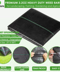 Pro Grade Premium Heavy Duty Weed Barrier Fabric For Landscaping Farming And Gardening And Agriculture 2Ft By 50Ft 100 Percent Virgin Material Durable Woven Landscape Fabric For Weed Control Under Mulch Or Gravel 3.2oz, showing close-up of fabric with specifications and features.