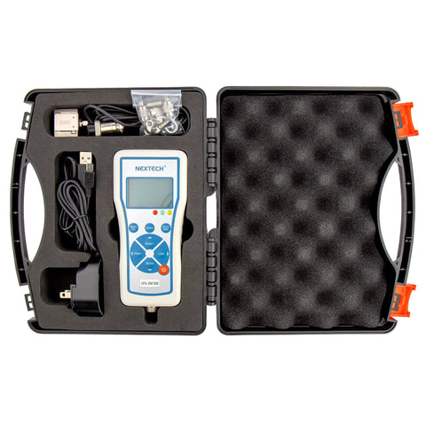Workhorse Digital Force Gauge With External Micro S Beam Load Cell Delivering 100 Newton Capacity in protective case with accessories.