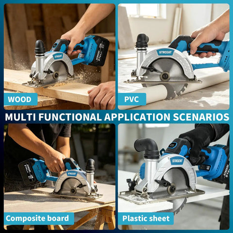 Heavy Duty 6 Inch Cordless Circular Saw With 21V Brushless Motor Dual 6Ah Battery Packs cutting wood, PVC, composite board, and plastic.